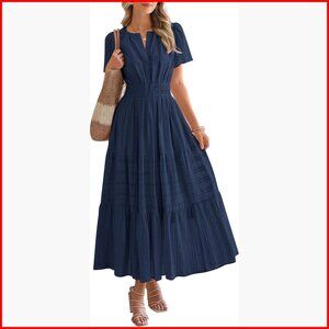 Lightweight Cotton Maxi Dress with Pockets, V-Neck, Elastic Waist
